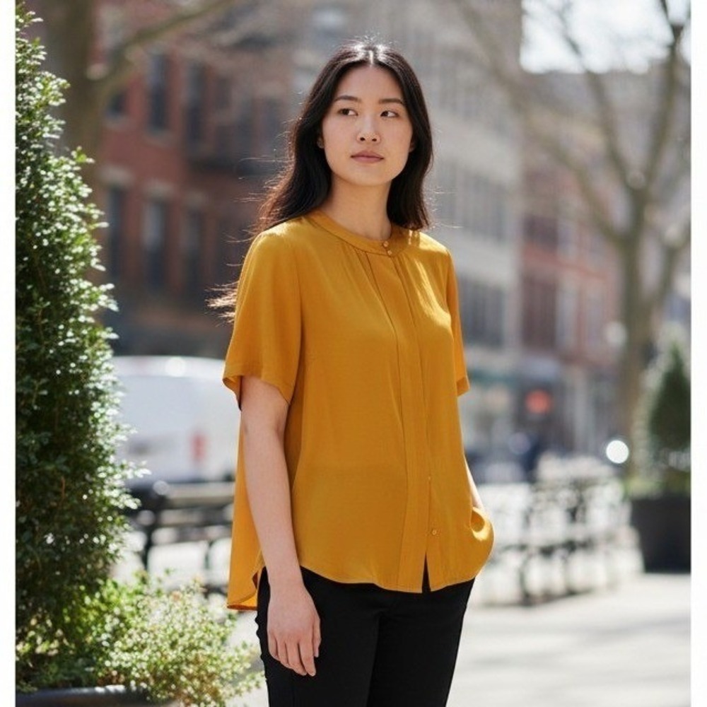 Michelle Stuart Silk Vintage Blouse size M Mustard Short Sleeve Retro Office